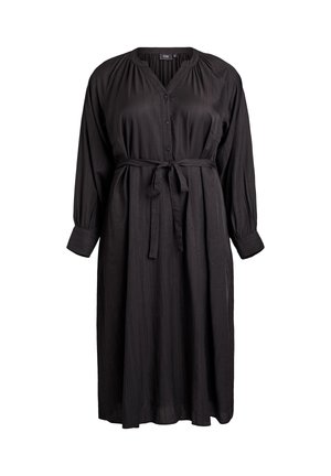 Zwarte jurk met lange mouwen, gemaakt van gestructureerde stof, met een V-hals, knopen aan de voorkant en een strikceintuur, met een losse, vloeiende silhouet.