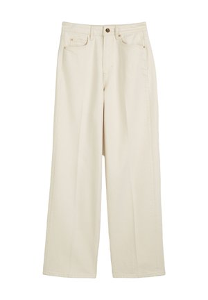 Beige weit geschnittene Hose aus Baumwolle mit glatter Textur. Verfügt über Taschen vorne und einen Knopfverschluss, was eine lässige Passform verleiht.