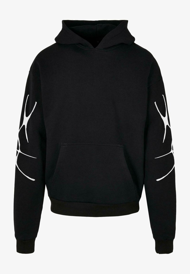Black hooded sweatshirt made of cotton blend, featuring a front pocket and white graphic accents on both sleeves.