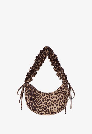 Leopard print handbag with a crescent shape, made of soft fabric. Features a gathered strap and ties on each side for adjustable length.