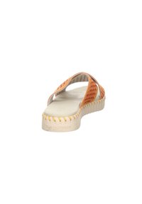 Orange perforated sandal with a beige sole, featuring a cross strap design and textured edges, suitable for casual wear.