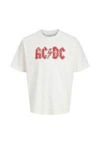 Hvid bomulds T-shirt med et slidtegn i rødt AC/DC logo med et lyn, rund hals og korte ærmer.
