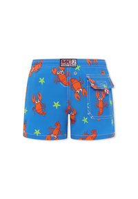 Pantaloni da bagno blu con motivo di aragoste e stelle marine in arancio e verde. Include una tasca laterale e un'etichetta in contrasto sulla vita.
