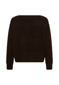 Pull en tricot marron foncé à manches longues avec un col rond, vu de dos sur un fond blanc uni.