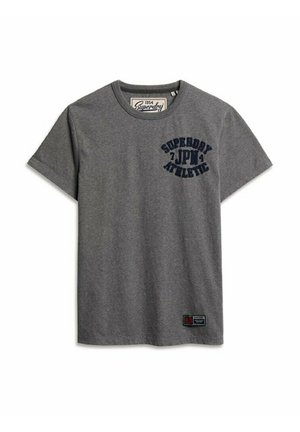 Gray cotton T-shirt with short sleeves, round neckline, and navy blue printed text reading "Superdry 7 JP Athletic" on the front.
