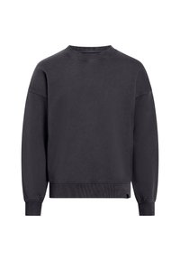 Sudadera de cuello redondo de color gris carbón con mangas largas, puños y dobladillo acanalados, exhibida sobre un fondo blanco.