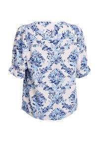 Helle Bluse mit blauen Blumenmuster, kurzen Puffärmeln und einem weit ausgeschnittenen Kragen in lockerer Passform.