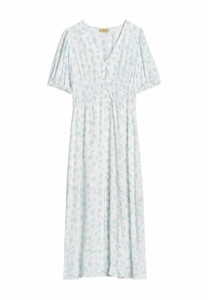 Biała sukienka midi w jasnoniebieski kwiatowy wzór, z krótkimi bufkami, dekoltem w serek, zapinana na guziki z przodu i elastycznym, marszczonym pasem w talii.