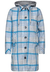 Grauer und blauer karierter Mantel mit Kapuze, großen vorderen Knöpfen, Seitentaschen und einem weichen, strukturierten Stoff.