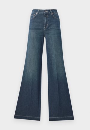 Jeans oscuros acampanados de tiro alto, hechos de mezclilla, con cierre de botón y costuras de contraste a lo largo de las costuras.