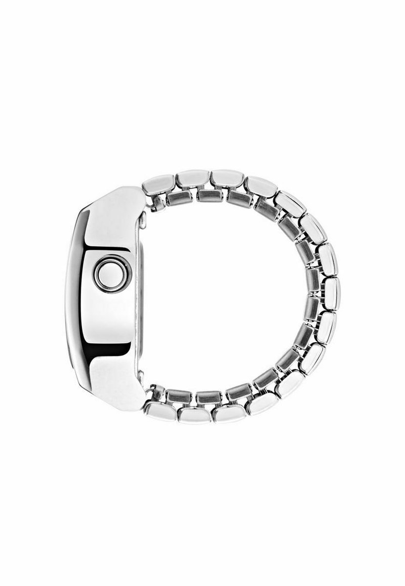 Bracelet de montre en métal argenté avec une boucle, montré de profil sur fond blanc.