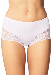 Witte katoenen slips met een kantafwerking langs de zijkanten. Het ontwerp heeft een gladde tailleband en een bloemenkantpatroon.