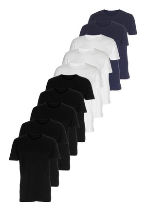 Set van tien effen T-shirts met ronde hals in zwart, wit en marineblauw, gerangschikt in overlappende verticale rijen.