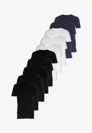 Sæt med ti ensfarvede crew neck T-shirts i sort, hvid og navyblå, arrangeret i overlappende lodrette rækker.
