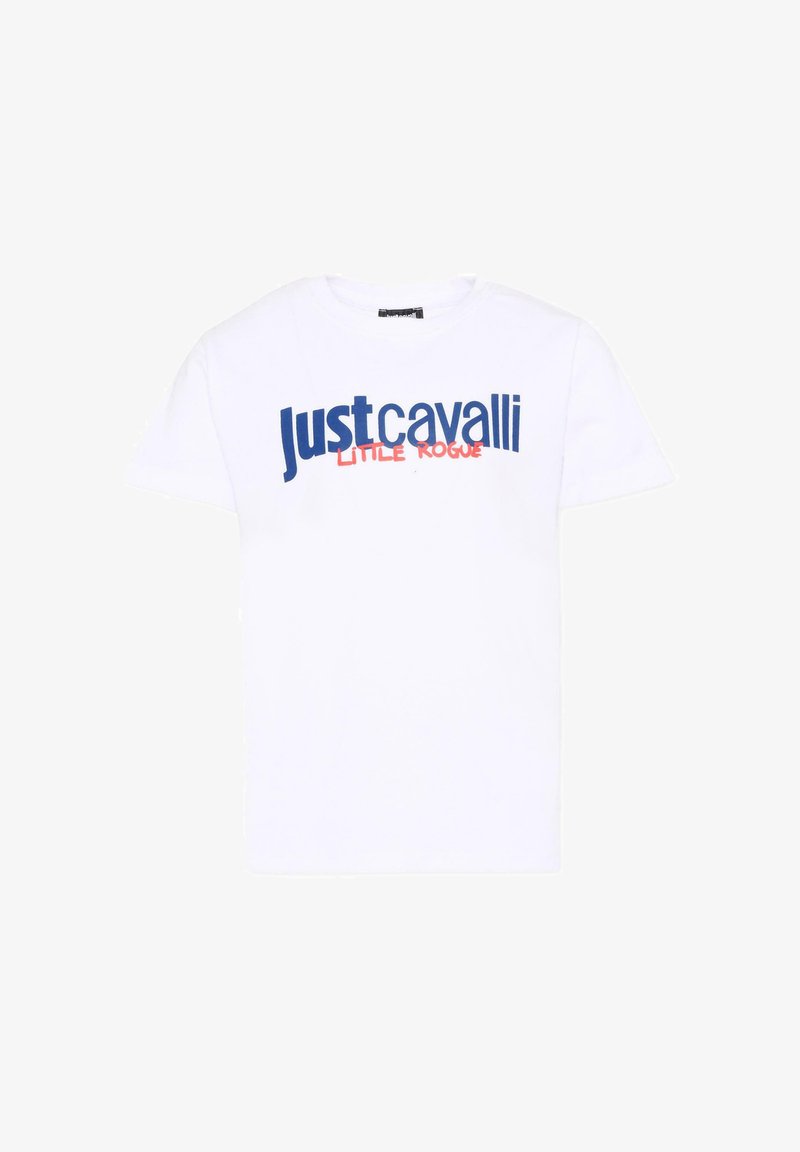 Camiseta blanca de manga corta con texto azul "Just cavalli" y texto rojo más pequeño "LITTLE ROGUE" impresos en el pecho.