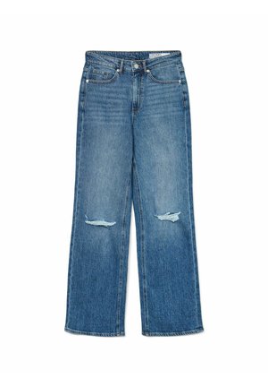 Modre hlače s visokim pasom in širokimi nogavicami, z raztrganinami na obeh kolenih in klasičnim petim žepnim slogom.