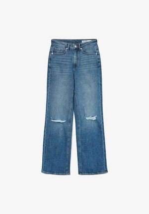 Modre hlače s visokim pasom in širokimi nogavicami, z raztrganinami na obeh kolenih in klasičnim petim žepnim slogom.