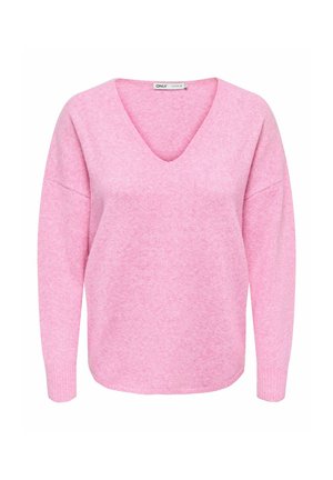Pull rose doux à manches longues avec col en V et poignets côtelés, fabriqué en tissu tricoté confortable.