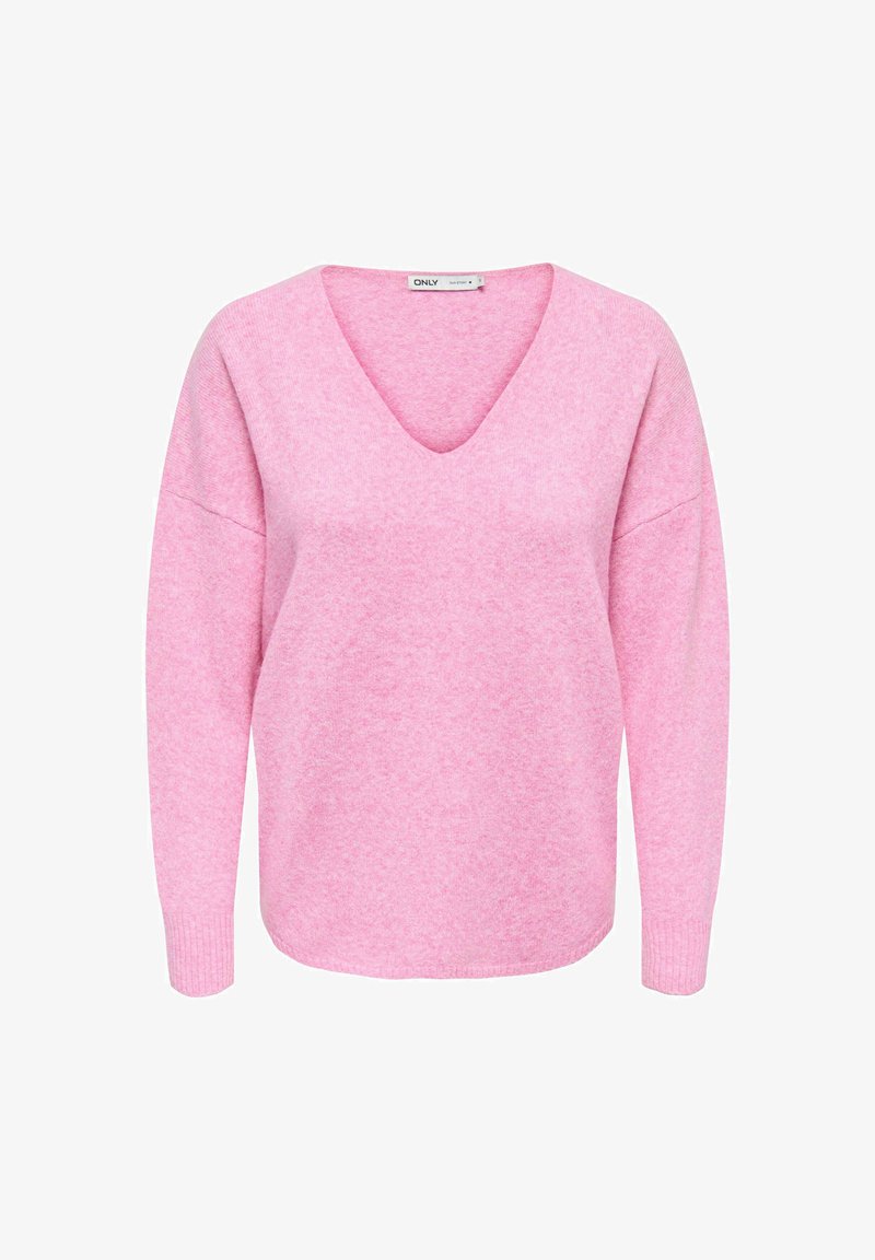 Pull rose doux à manches longues avec col en V et poignets côtelés, fabriqué en tissu tricoté confortable.