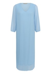 Robe midi bleu clair avec col en V, manches longues transparentes et plis verticaux sur tout le tissu.
