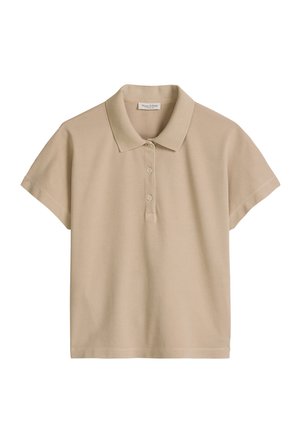 Beiges kurzärmeliges Poloshirt mit drei vorderen Knöpfen und einem flachen Kragen, aus weichem Baumwollstoff.