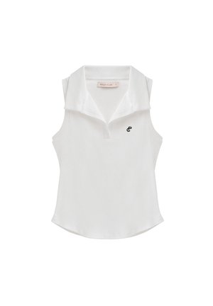 White sleeveless polo shirt with a ribbed texture, featuring a fold-over collar and a small black embroidered logo on the chest.