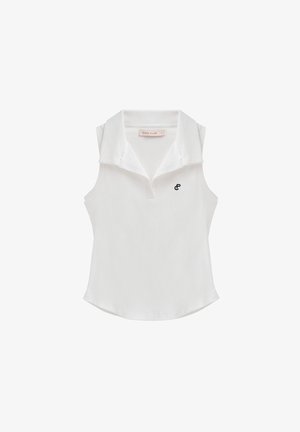 Polo shirt bianco senza maniche con una texture a costine, dotato di colletto a ribattuto e un piccolo logo ricamato nero sul petto.