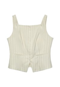 Top sin mangas color marfil con rayas verticales. Presenta cierre de botones delanteros, dos bolsillos y un diseño entallado. Textura suave con una forma estructurada.