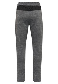 Graue Sporthose mit meliertem Muster, schwarzem elastischem Bund, zulaufenden Beinen und ohne Taschen auf der Rückseite.