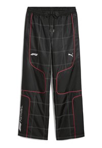 Pantaloni de trening negri cu un model în grilaj și accente roșii. Confectionați dintr-un material neted, cu un elastic la talie și șnur de ajustare. Logo-uri albe incluse.