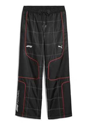 Black track pants featuring a grid pattern and red accents. Made of smooth material with an elastic waistband and drawstring. White logos included.
