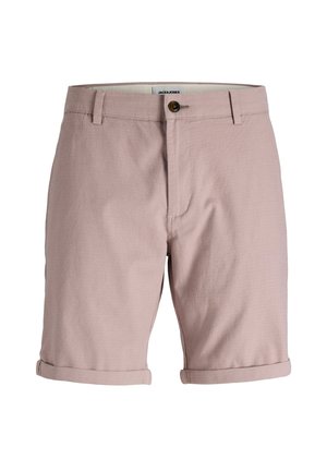 Világos rózsaszín nadrág, texturált anyagból, szabványos derékrésszel, egy gombos záródással és felgöngyölt szegéllyel a laza megjelenés érdekében.