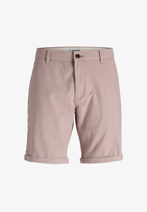 Light pink shorts made of textured fabric, featuring a standard waistband, single button closure, and rolled cuffs for a casual look.