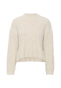 Cremefarvet struktureret sweater med høj, rund halsudsk�æring, kabelstrik-mønster og ribbet kant, med lange ærmer og en kort pasform.