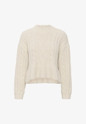 Krämfärgad texturerad tröja med hög, rund halsringning, flätstickad mönster och ribbad fåll, med långa ärmar och kort passform.