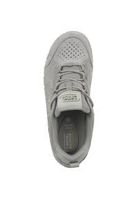 Gray sneaker featuring a suede and mesh upper, round toe, perforated detailing, and contrasting laces. Logo on tongue; padded interior.