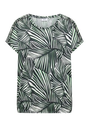T-shirt à manches courtes avec motif abstrait de feuilles vert, noir et blanc et col rond de la marque Cecil.