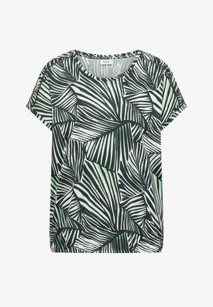T-shirt à manches courtes avec motif abstrait de feuilles vert, noir et blanc et col rond de la marque Cecil.