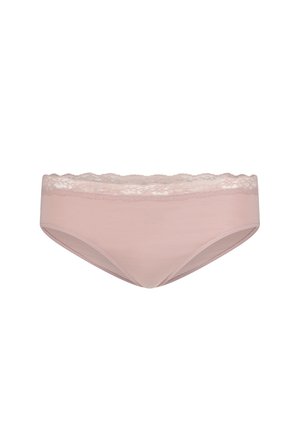 Light pink cotton brief with a lace waistband. Smooth texture, low-rise cut, and subtle stitching detail. Ideal for everyday wear.