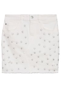 Vit denimkjol med fransad nederkant, prydd med silverfärgade stjärnexplosioner och fickor. Klassisk femficksdesign.