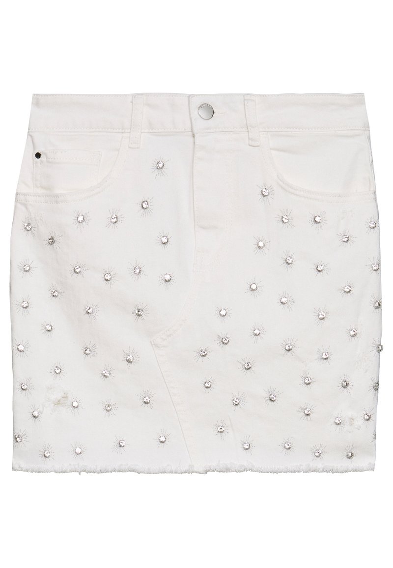 Vit denimkjol med fransad nederkant, prydd med silverfärgade stjärnexplosioner och fickor. Klassisk femficksdesign.