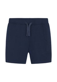 Pantaloni corti in cotone blu navy con vita elastica, cordoncino e due tasche laterali. Texture liscia e design semplice.