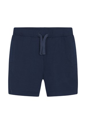 Pantaloni corti in cotone blu navy con vita elastica, cordoncino e due tasche laterali. Texture liscia e design semplice.