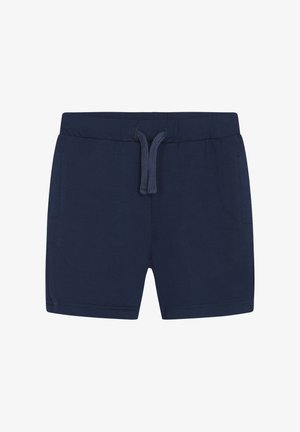 Marineblaue Baumwollshorts mit elastischem Bund, Kordelzug und zwei Seitentaschen. Glatte Textur und schlichtes Design.