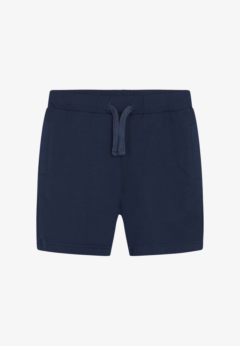 Pantaloni corti in cotone blu navy con vita elastica, cordoncino e due tasche laterali. Texture liscia e design semplice.