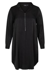 Vestito camicia nero a maniche lunghe con collo, mezza cerniera davanti e orlo leggermente arrotondato. Tessuto liscio con una sottile lucentezza e vestibilità comoda.