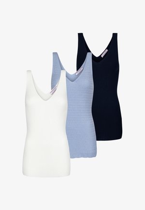 Three ribbed knit tank tops in white, light blue, and navy, featuring a V-neck design and a textured, fitted style.