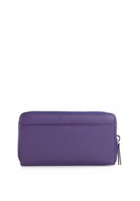 Purple leather wallet with a textured surface, zip closure, and a side tag. Features a slim rectangular design and a back card slot.