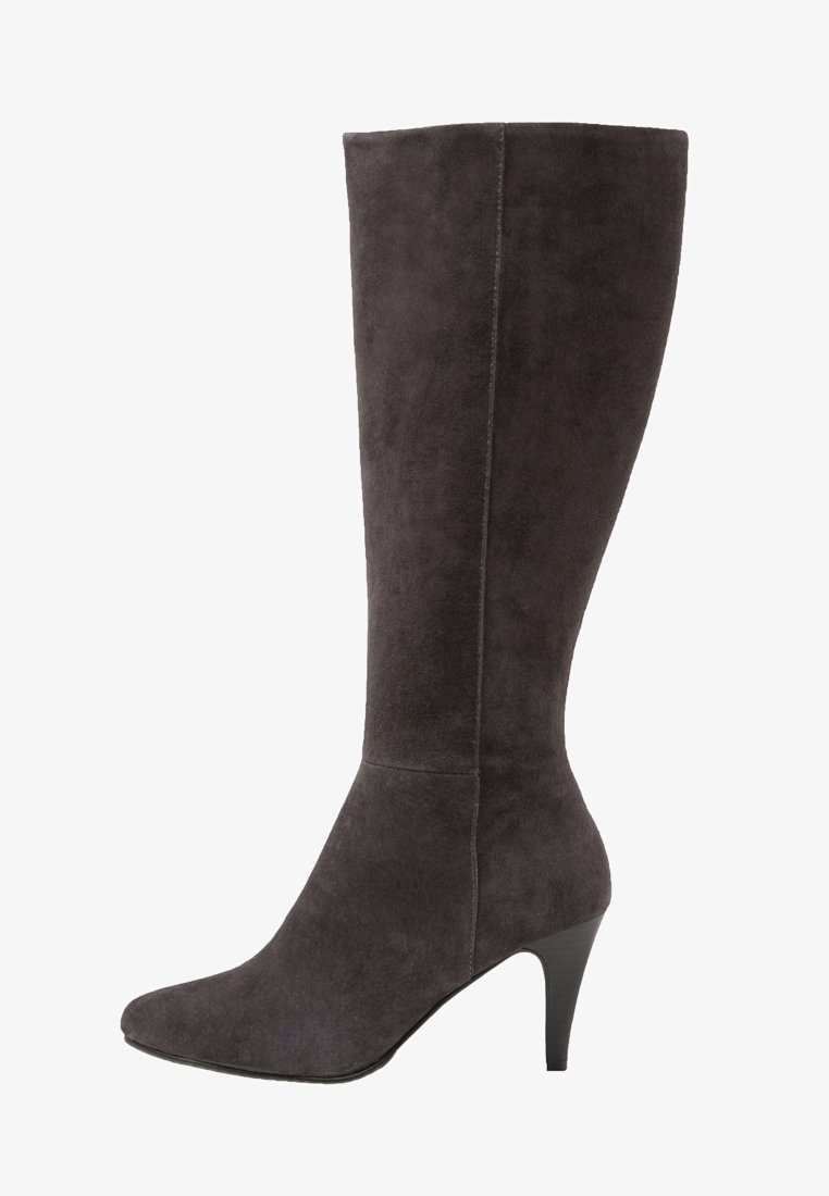 Knee-high gray suede boot with a pointed toe and 3-inch heel; smooth texture and sleek design with a subtle seam detail.