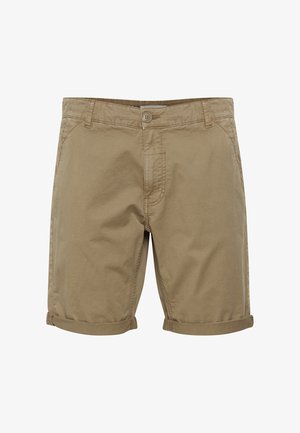 Pantalones cortos de algodón color beige con cierre de botón, dos bolsillos laterales y dobladillos enrollados. Presenta líneas limpias y una textura suave y ligera.